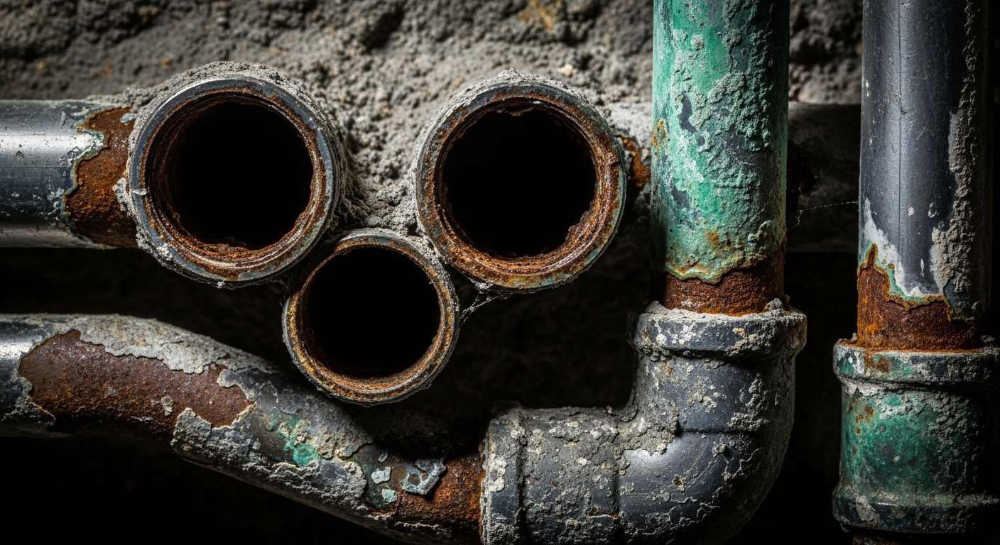 Corroded and aging water pipes showing rust and deterioration