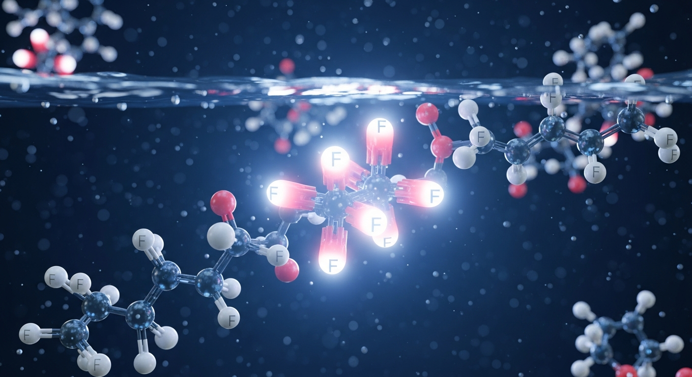 PFAS molecular structure showing carbon-fluorine bonds in water