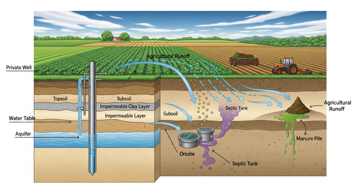 Diagram showing how contaminants reach private wells through agricultural runoff, septic systems, and groundwater flow