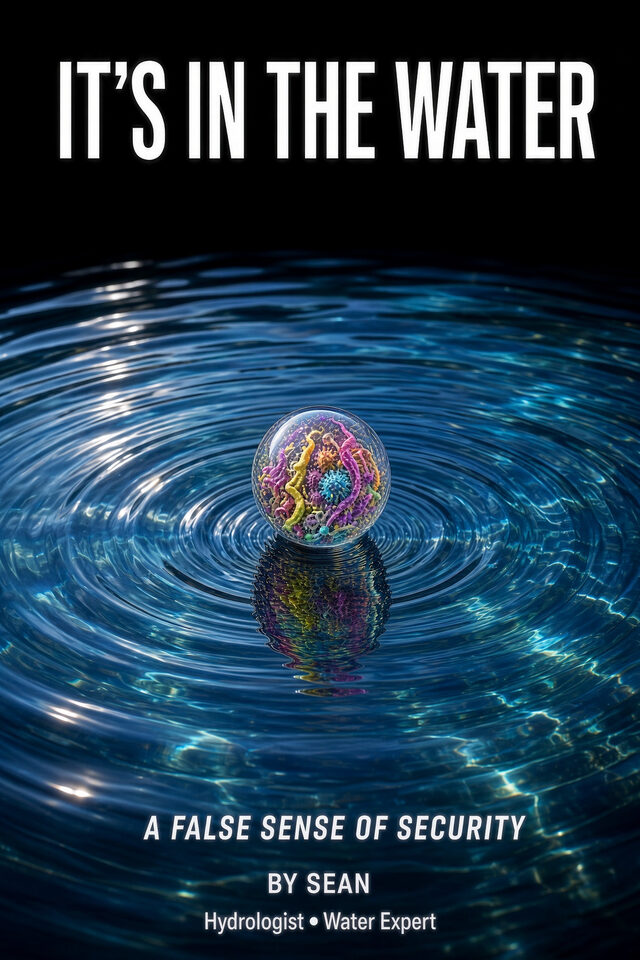 It’s in the WATER by Sean Lupton-Smith, cover: a dark iridescent sphere resting on water, subtitled A False Sense of Security