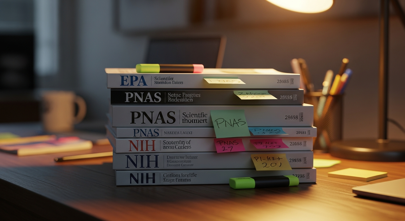 Stacks of journals and reviews — the kind of cumulative evidence base required to move a star up or down.