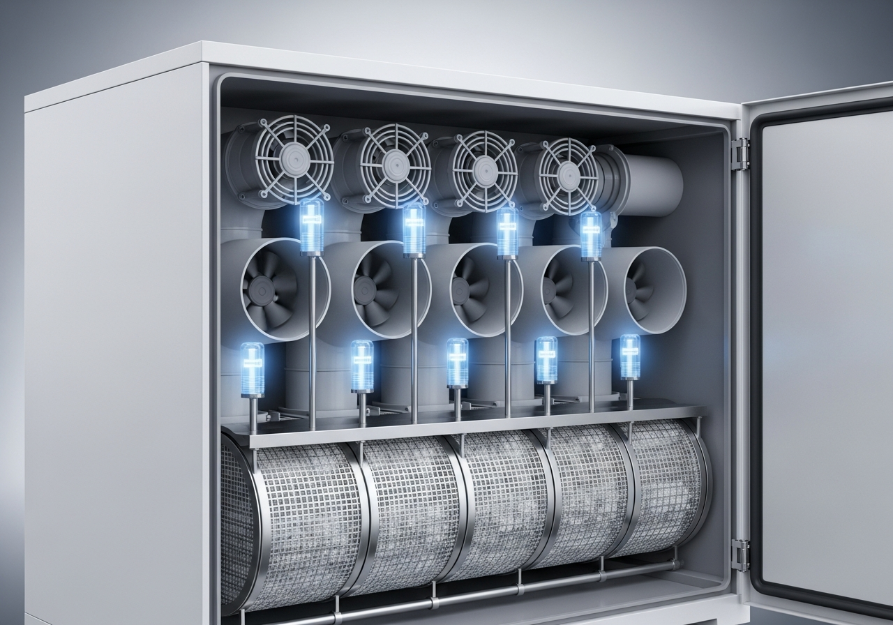 Intake fans and humidity sensors draw ambient air through fine pre-filters.