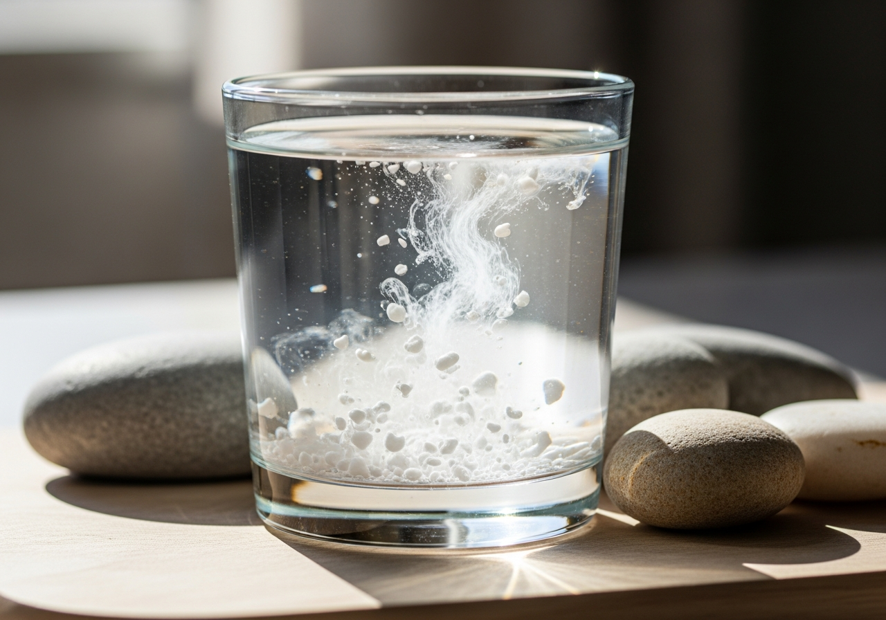 Calcium and magnesium dissolving back into purified water for balanced taste.