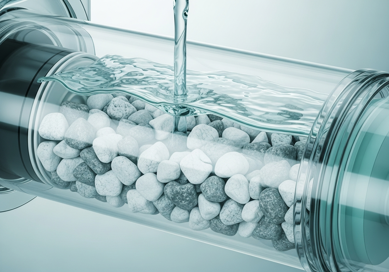 A mineral cartridge infuses essential minerals as purified water passes through.