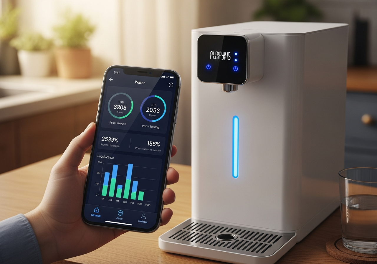 A companion app surfaces water quality, production, and filter status at a glance.